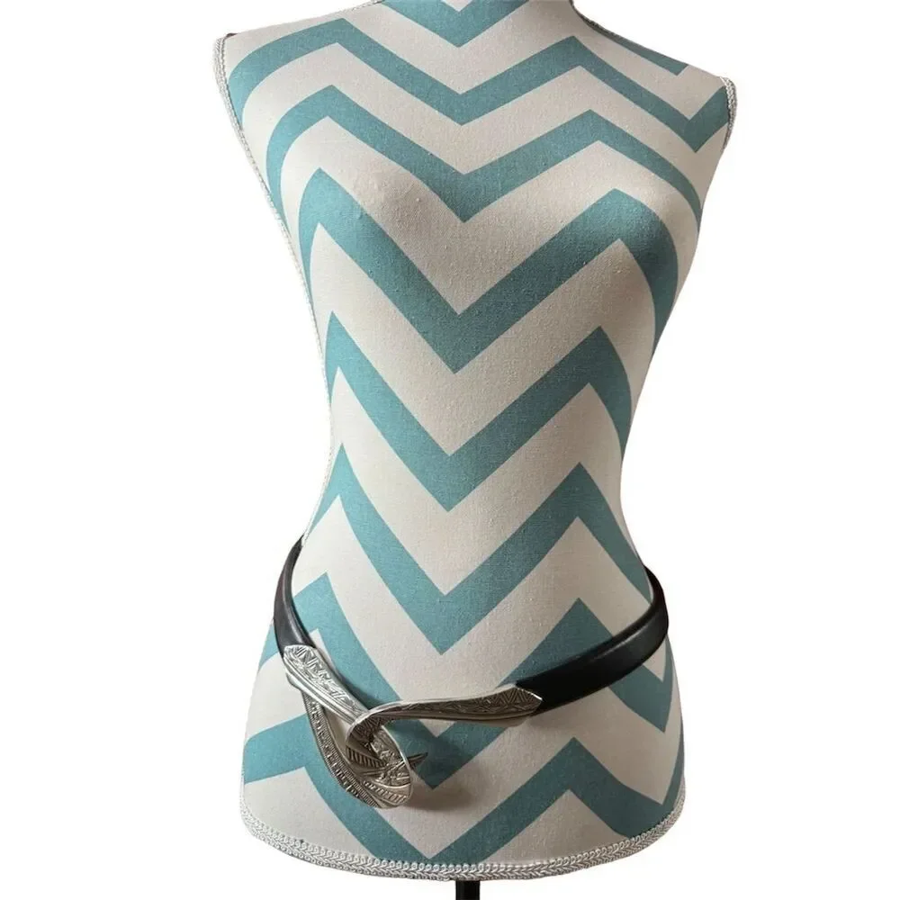 Chico's Women's Black Leather Belt Silver Claw Hook Buckle Size S/M